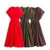 Women's V Neck Short Sleeve Midi Dress Loose Fit High Waist Street Style Solid Color Maxi Dress