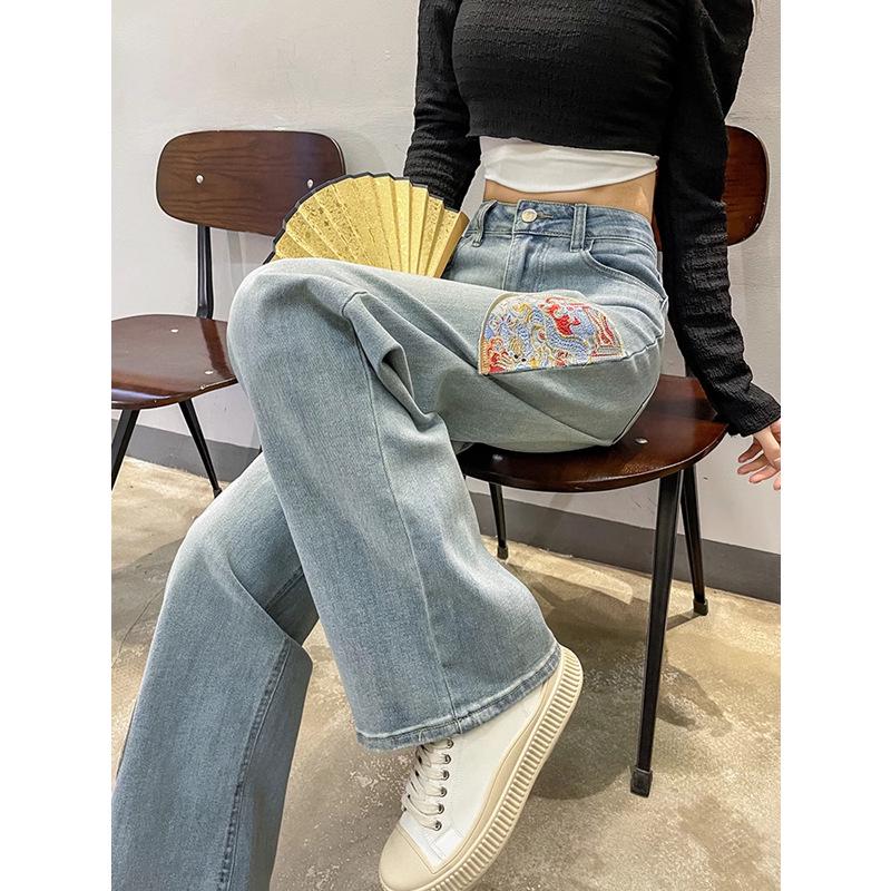 Women's Spring Wide-Leg Jeans with Chinese-Style Embroidery - High Waist, Light Color, Slim Fit