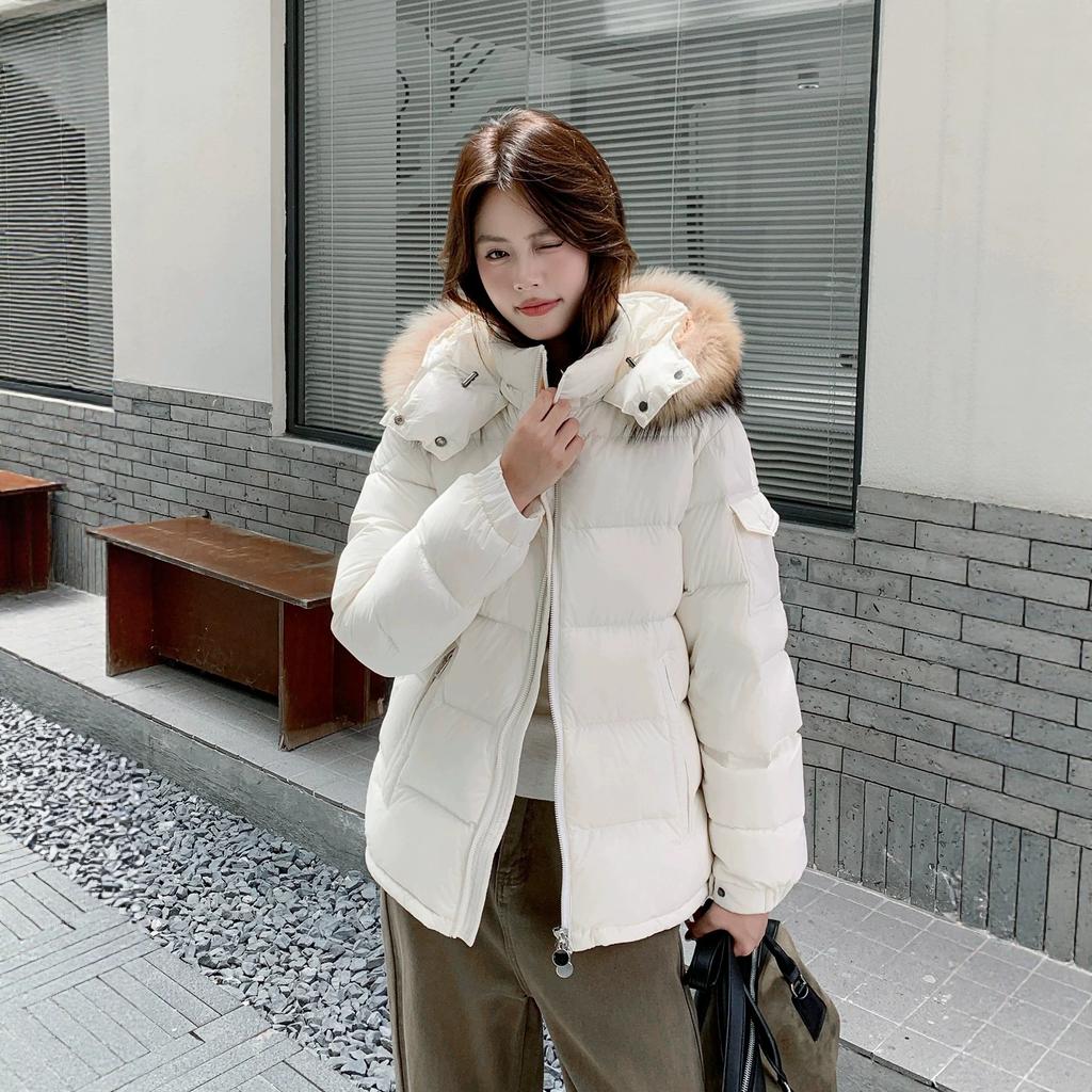Huge good-looking down jacket women's white duck down small short removable large fur collar thin bread jacket
