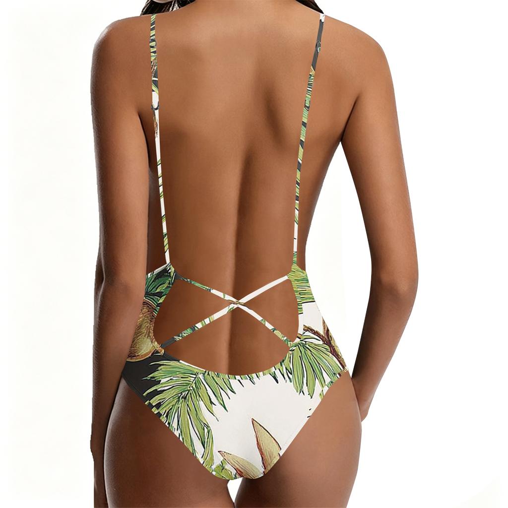 Swimsuit for Women Deep V Neck Tropical Floral Print Bathing Suit Adjustable Straps Swimwear Beachwear