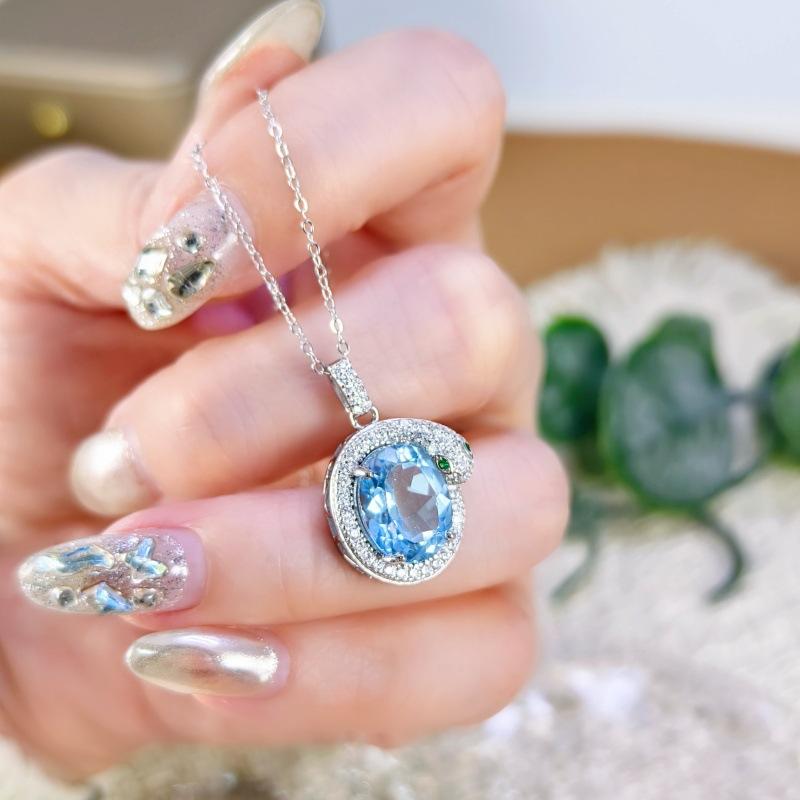 Women's 925 Sterling Silver Oval Necklace, Pave Setting Natural Topaz Crystal Pendant, Elegant Luxury Jewelry
