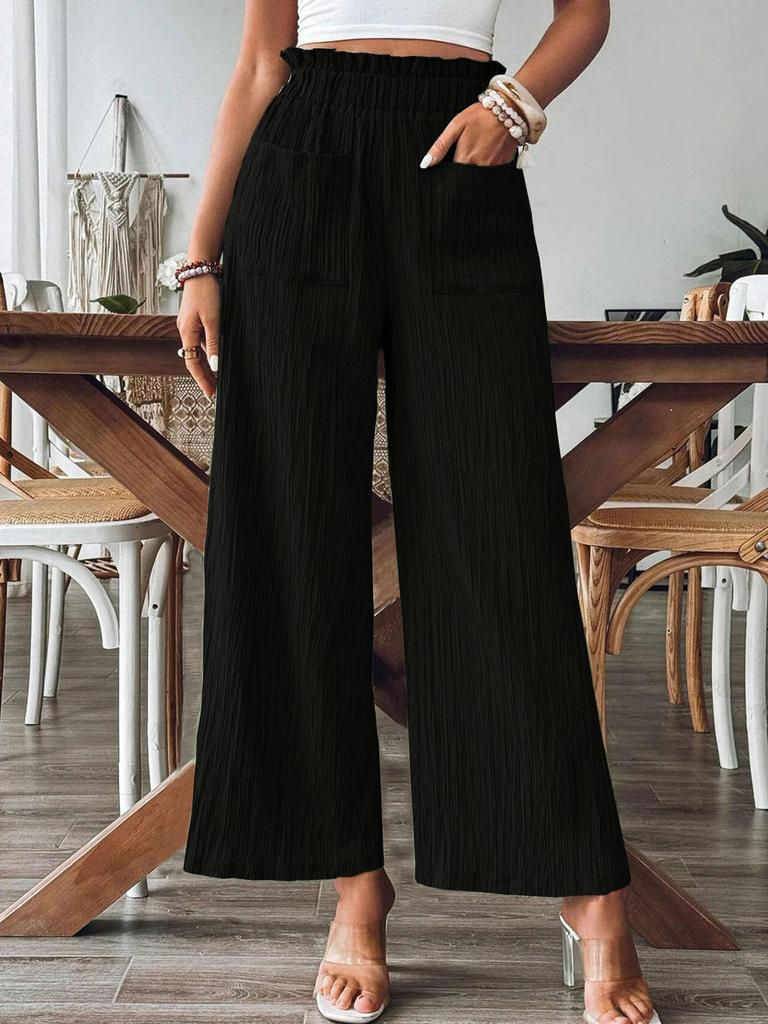 Women Solid Color Casual Straight-leg Pants Loose Elegant Elastic Waist Spring Autumn Pocket Trousers