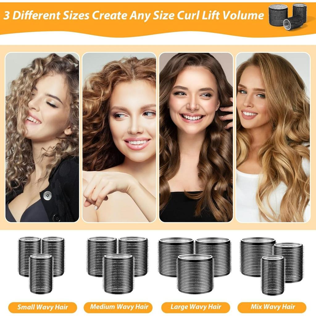 39PCS Self Grip Hair Rollers Curlers 3 Sizes Black Hair Roller 2.5in, 1.9in, 1.4in, Jumbo Hair Roller with 12PCS Duckbill Clips Hair Rollers for Long