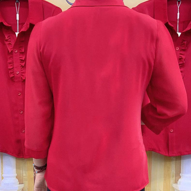 Podzimní modrá halenka s volánky a sedmirukávovým rukávem pro ženy