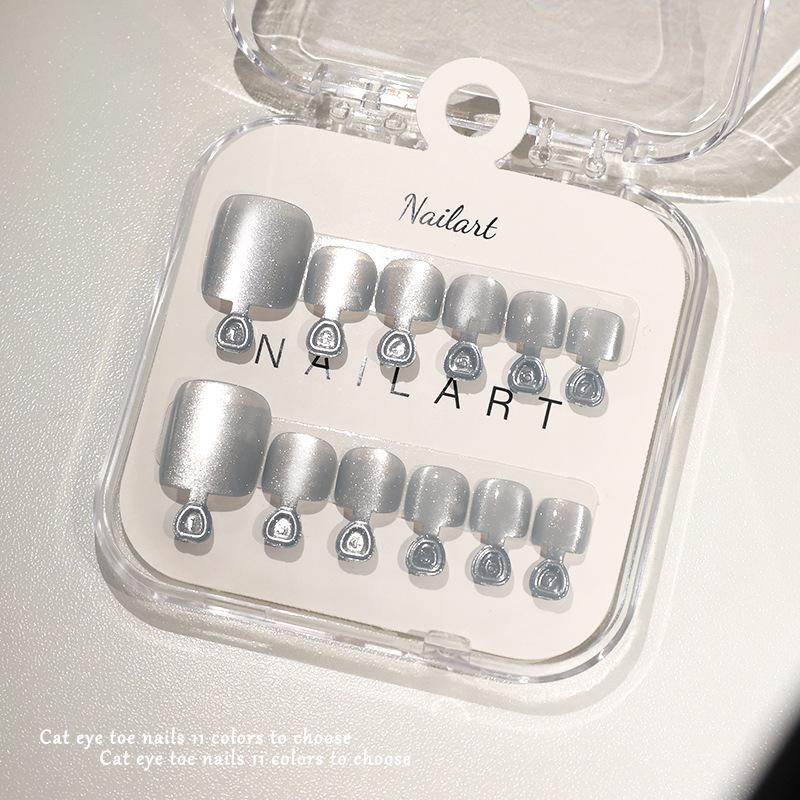 10 Pcs/Box French Fake Nails Glossy Cat-Eye Nail Art Design Short Square Press On Nail Full Cover False Toe Nail Extension