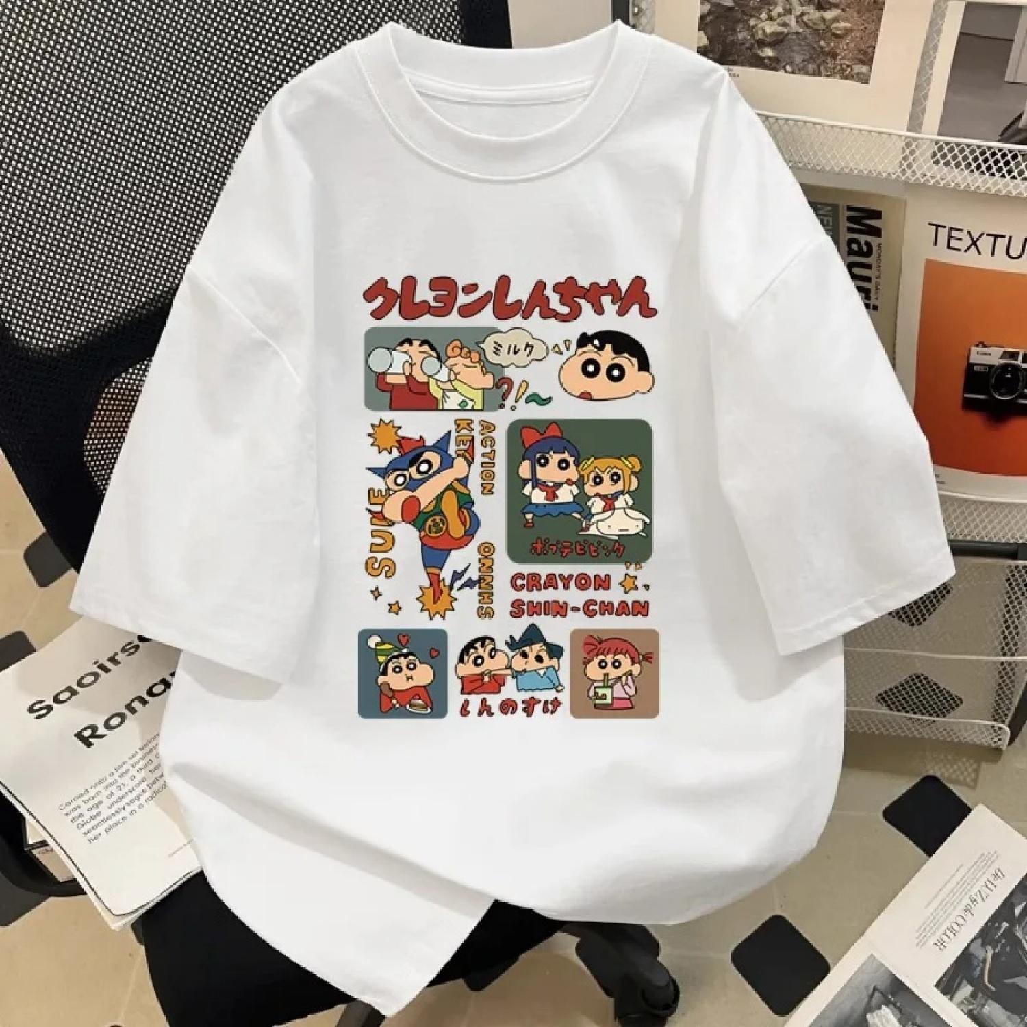 2025 Sommer Crayon Shin-chan Cartoon Charakter T-Shirt Harajuku Musterdruck Amerikanisches Sexy Damen T-Shirt XXXXXL weiß