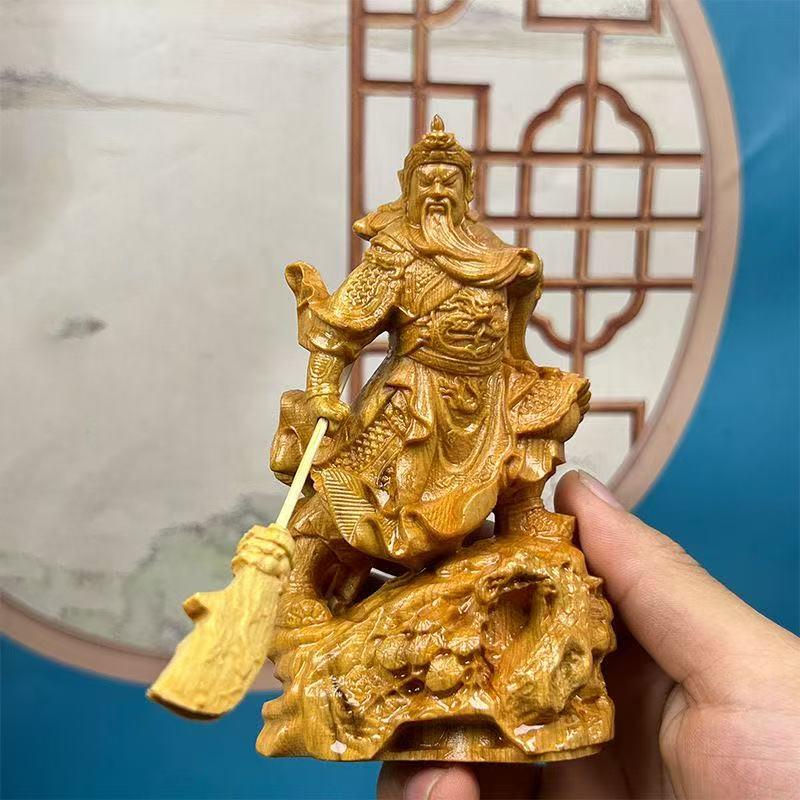 Natural Cypress  Guan Gong sculptures figurines Solid wood carving Home Room OfficeWealth Luck Feng Shui Decor Portrait Statue