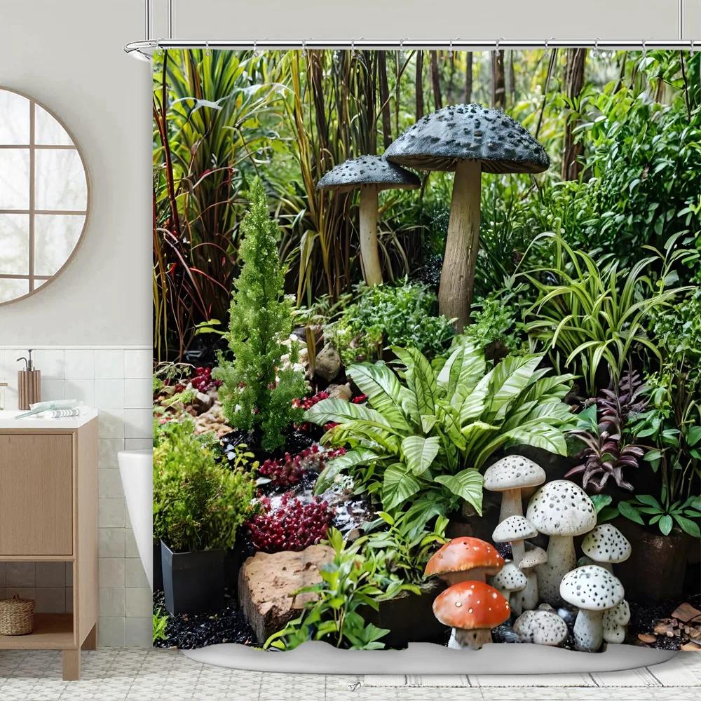 Garden Scenery Shower Curtain Mushroom Jungle Nature Plants Flower Patio Forest Green Leaf Polyester Bathroom Decor Curtains Set