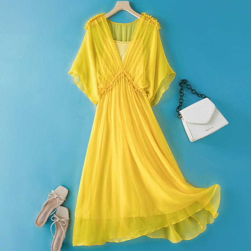 Women's Summer Long Silk Dress with Ruffle Edge - Simple, Solid Color