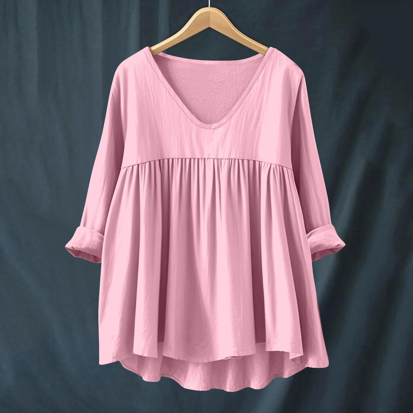Women s Fashionable And Casual Shirt Long-sleeved V-neck -color Cotton And Linen Blouse XXL розовый