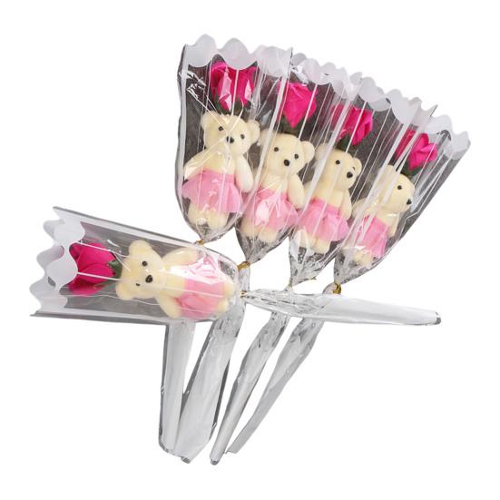 Valentine's Rose Flower Bouquet with Bear Single Soap Flower with Plush Bear Artificial Rose Bouquet Gifts for Weddings Anniversaries