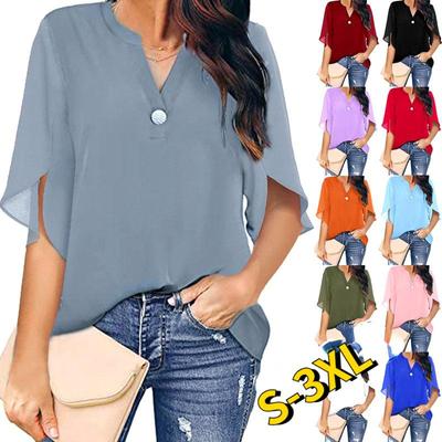 Summer Tops Plus Size Fashion Clothes Women's Casual Half Sleeve Tops Ladies Flare Sleeve Loose Tops Solid Color V-neck Chiffon Blouse