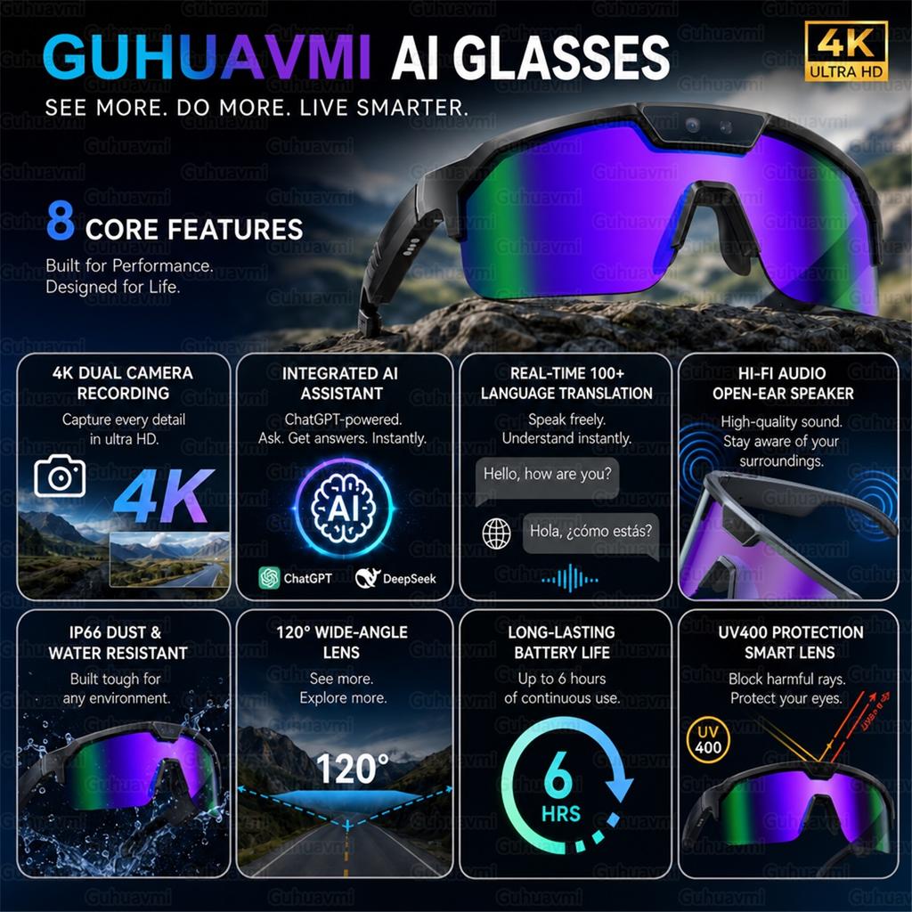 Sport Smart Glasses with 4K HD Anti-Shake Camera &3D Stereo Speakers Polarized UV400 Sunglasses Bluetooth AI Outdoors Video POV
