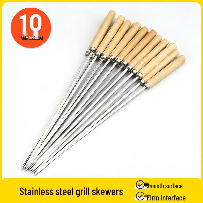 Bao Wonik Stainless Steel Wooden Handle Flat BBQ Skewers - 10-Pack