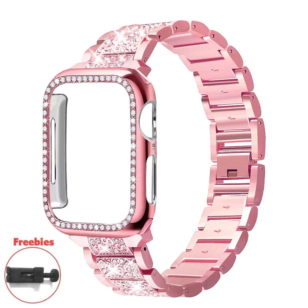 

Бриллиантовый ремешок для Apple Watch 10 46 мм Корпус+Ремешок Металлический браслет Correa для Iwatch 9 se 3 2 1 Ultra 49 мм 42/41/44/45/38/40 мм Наручный ремешок Series10 46mm розовый