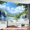 Waterfall Lake Tapestry Wall Hanging, Green Mountain Forest & Pink Flower Nature Landscape Wall Art for Home Decor