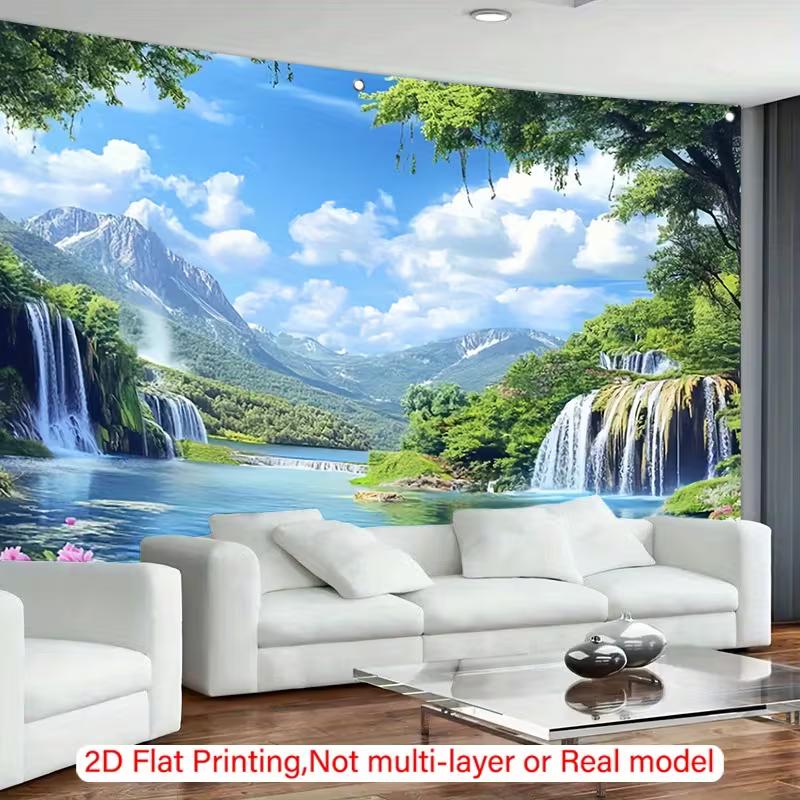 Waterfall Lake Tapestry Wall Hanging, Green Mountain Forest & Pink Flower Nature Landscape Wall Art for Home Decor