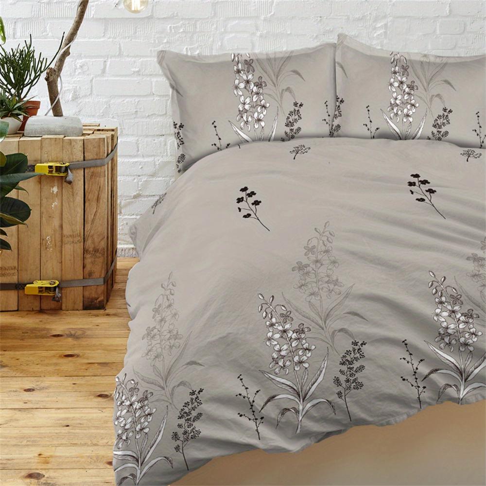 3-Piece Soft Grey Plant Printed Duvet Cover Set - Comfortable, Breathable, and Hypoallergenic Bedding for Bedroom and Guest Room