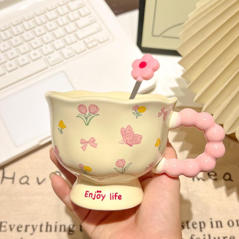Elegant Flower Design Mug Household Ceramic Cup Equsite Water Cup Girls Birthday Gift Souvenir Coffee Cups for Breakfast Milk