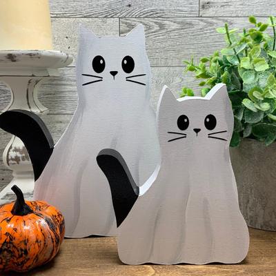 1/2 Stück Geisterkatze Tischschild Halloween Gruselig Holz Geisterkätzchen Etagen Deko Rustikal Schreibtisch