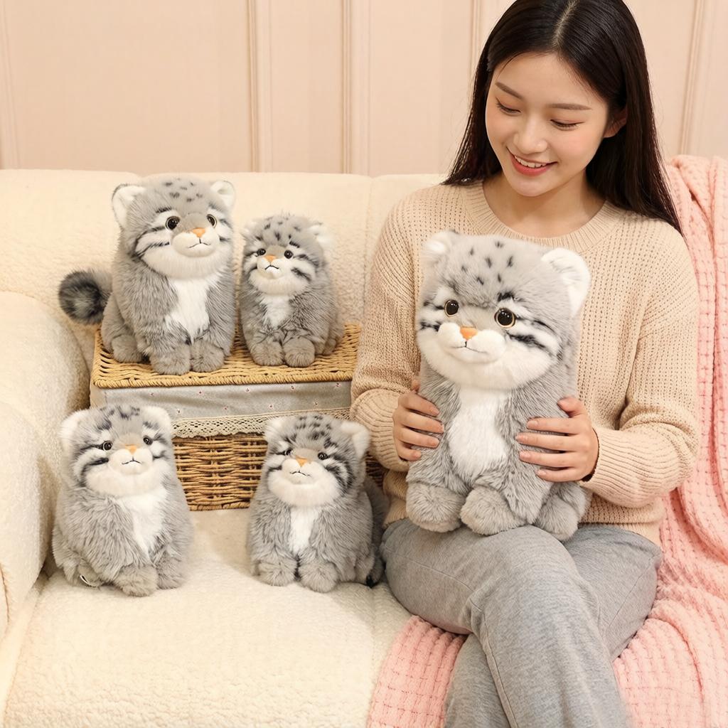 Grey Squatting Manul Doll Plush Toy Stuffed Wild Animal Stripe Spotted Fluffy Plushie Appeasing Companion Gift