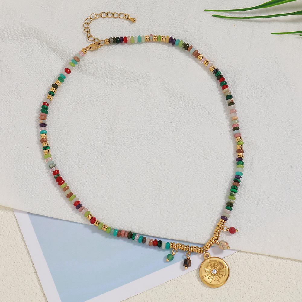 GEMCHIC Women's Colorful Beaded Necklace with Geometric Sun Pendant, Vintage Ethnic Style Natural Stone Choker