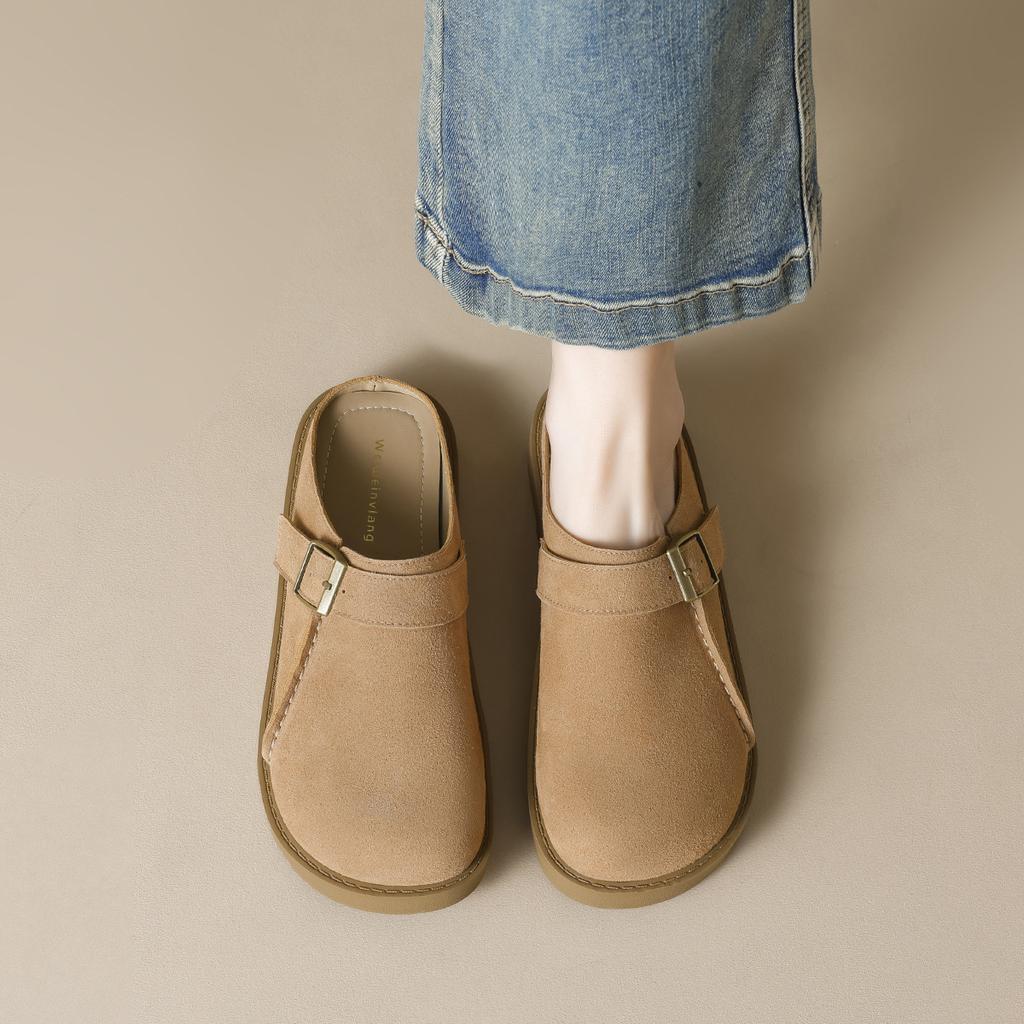 Leather bag head half drag women wear thick soles one foot half slippers women