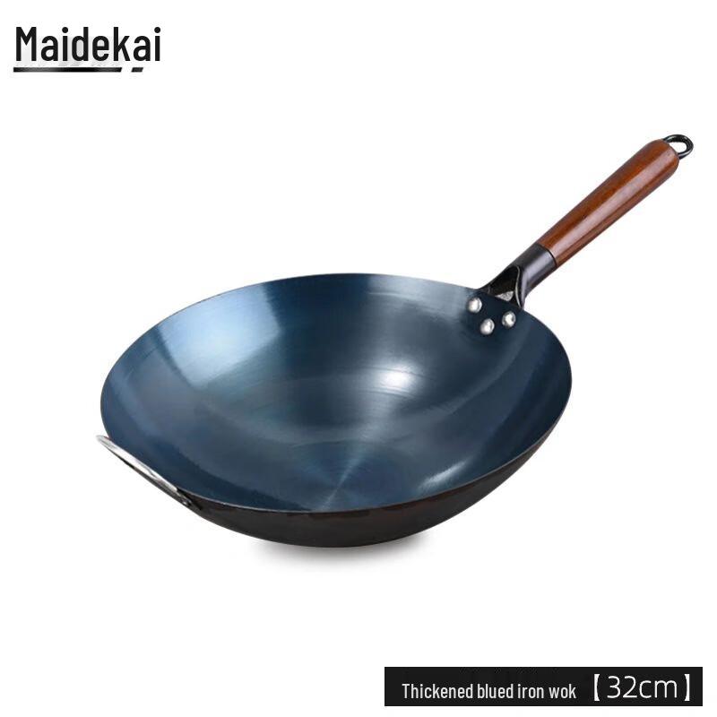 Maidekai 32cm Round Bottom Wrought Iron Wok with Wooden Handle 32cm