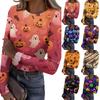 Women Casual Long Sleeve Ribbed Knit Top Halloween Pumpkin Print Round Neck Slim Fit Pullover Shirt for Fall Seasonal Wear