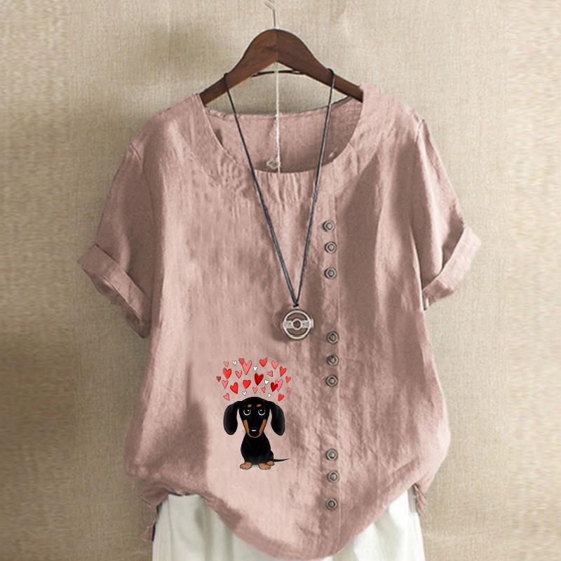 Women's Fashion Love Dog Prined Round Neck Short Sleeve T-shirt Casual Cotton Linen Graphic Shirt Leisure Loose Summer Blouse Tops