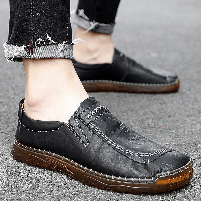 Handmade Leather Men Shoes Casual Outdoor Slip On Loafers Men Leather Shoes Flats Moccasins Walking Shoes Non Slip Dropshipping