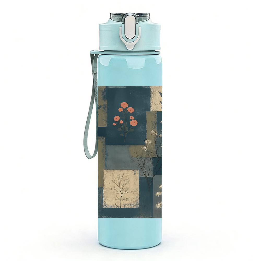 1PC Patchwork Square Fabric Texture 750ml Color Plastic Sports Water Bottle Leakproof Flip Straw Lid Suitable for Sports Office Home Use