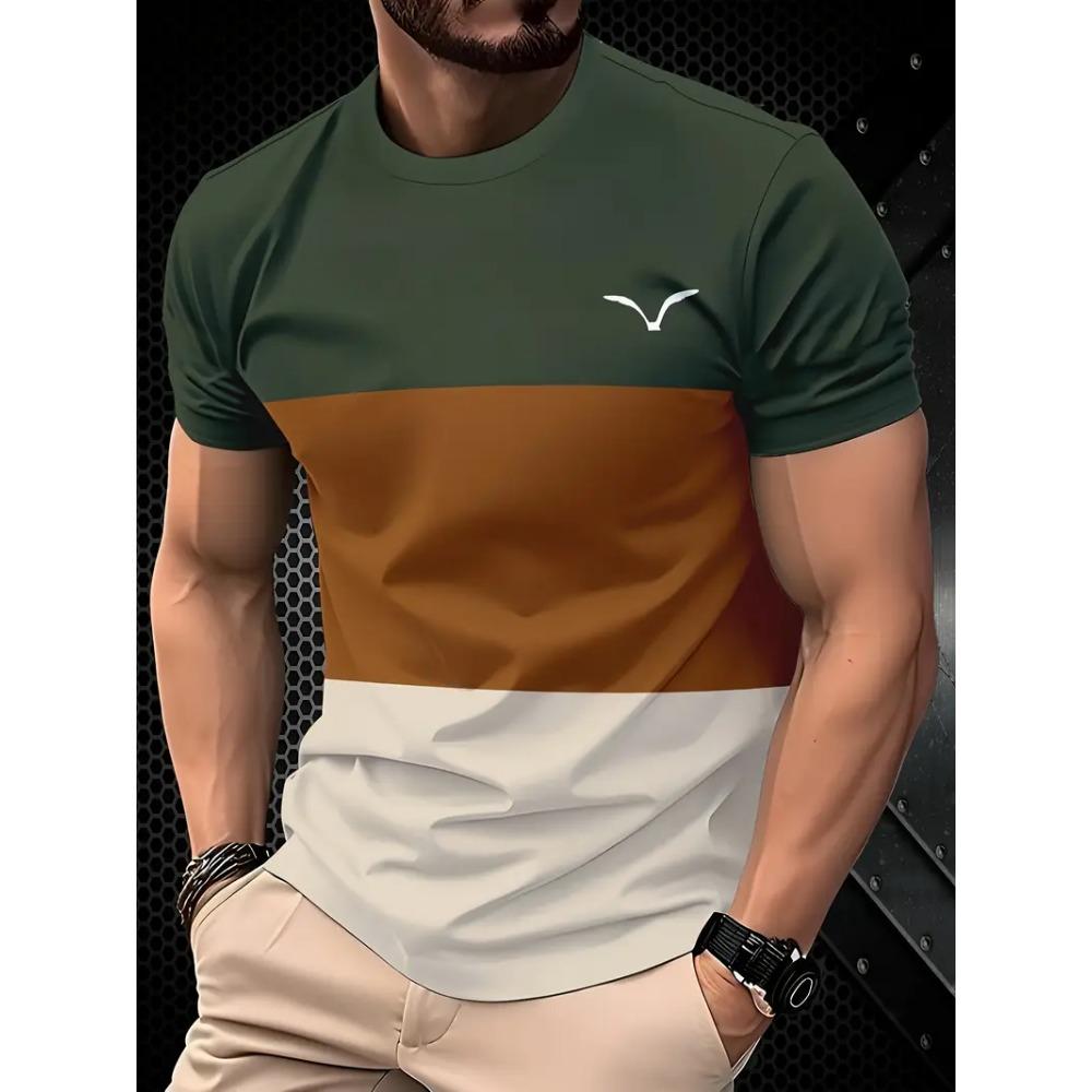 Men's Creative Color blocked 3D Mountain Printed T-shirt Summer Street Trend Sports Round Neck Short Sleeve T-shirt Casual Sportswear