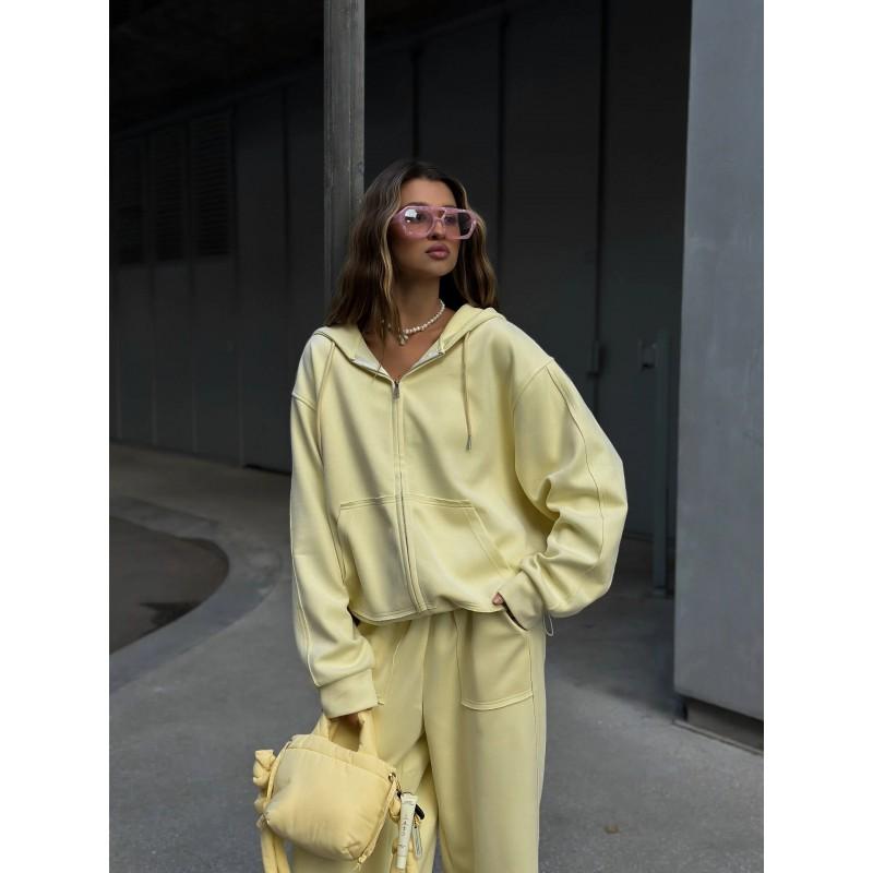 Womens Streetwear Casual 2-Piece Set: Zip-Up Hooded Long Sleeve Top Drawstring Wide Leg Pants Solid Color Knit Outfit