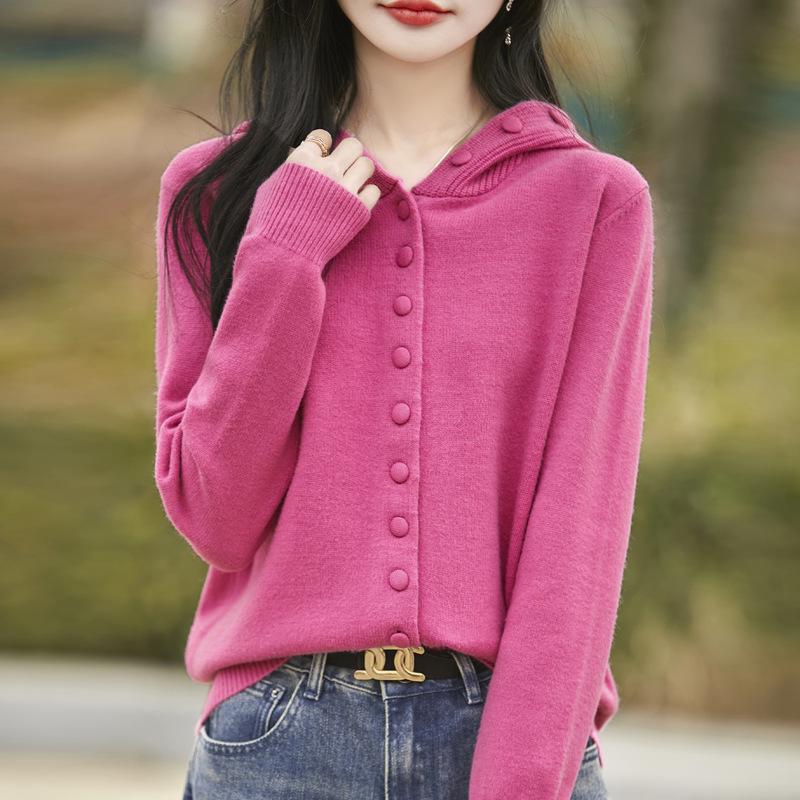 Women's Red Hooded Knit Cardigan - Autumn/Winter Fashion, Age-Reducing, Loose Slim Fit Sweater