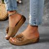 Floral Embellishment Flip Flops: Summer Women'S Solid Color Wedge Sandals, Casual Open-Toe Minimalist Thick Sole Slides, Comfortable Wedge Beach Shoes