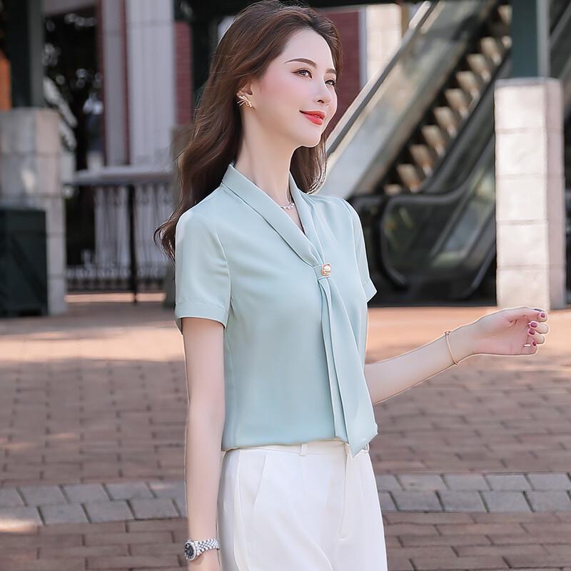 Women's Korean Style Short Sleeve Tie-Neck Blouse