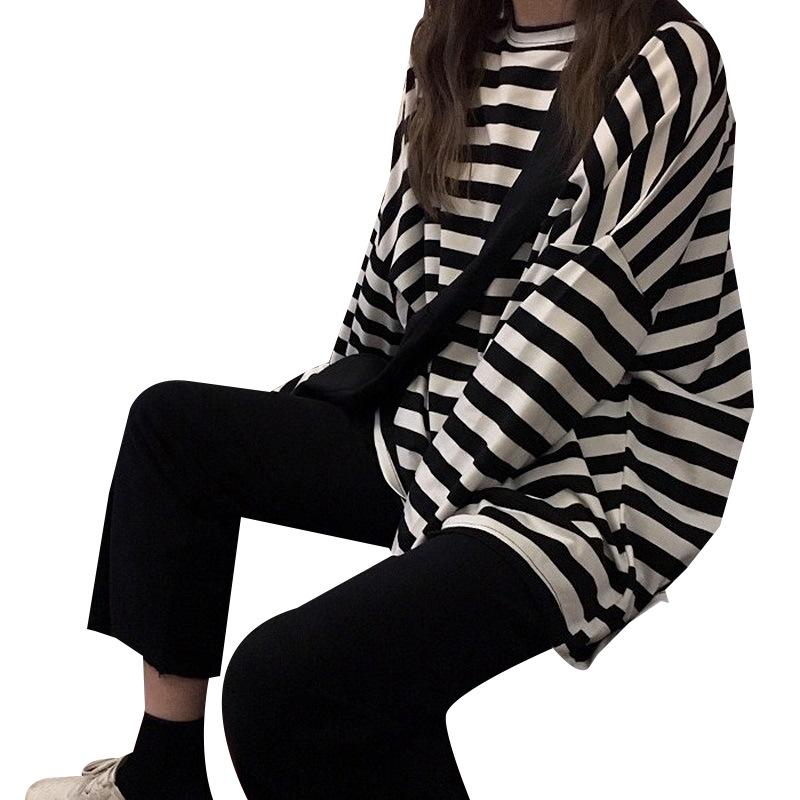 Autumn New Harajuku Style Ins Black And White Stripe Early Autumn Loose Long Sleeved T-Shirt Schoolgirl Top