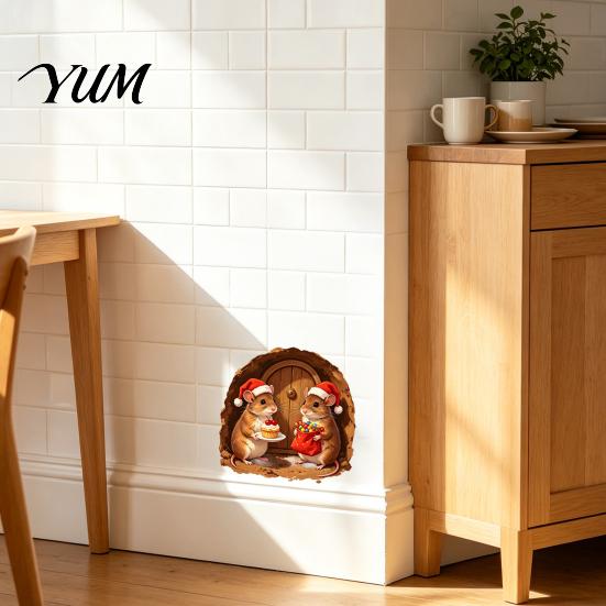 Santa Hat Mouse Decor 3D Hole Wall Sticker for Christmas Decoration, Realistic Decal, Waterproof PVC Stickers Art Home Window Bathroom Glass