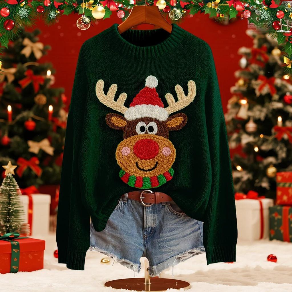 Women's Fashion Christmas Print Pullover Long-Sleeve  Neck Knit Sweater Top