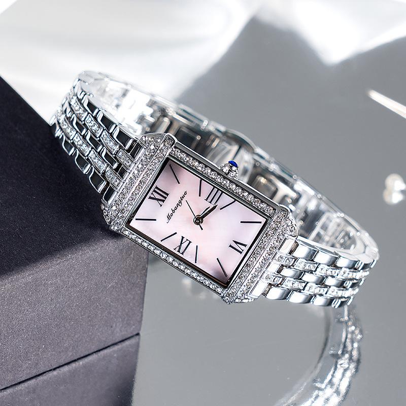 Diamantbesetzte quadratische Quarzuhr Damenmode Stahlarmband Schachbrettmuster Uhr Export