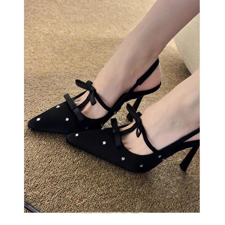 Cienkie obcasy puste sandały urocza kropka kok codzienne czarne wysokie obcasy seksowne cyrkonie