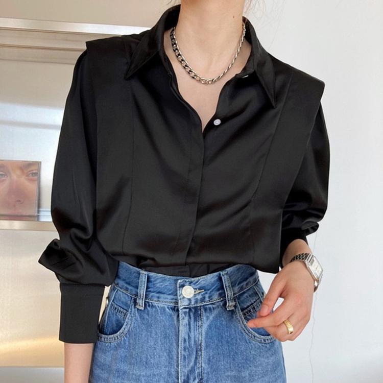 Chic Spring French Satin Long Sleeve White Shirt - Wrinkle-Resistant Women's High-End Design