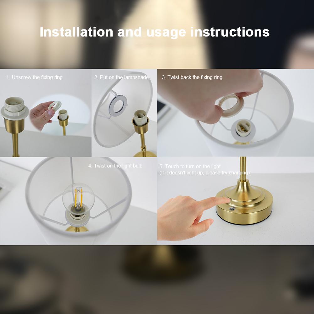 Cordless LED Metal Table Lamp USB Rechargeable Touch Control Portable Fabric Shade Desk Lamp Night Light for Bedroom Bar Balcony