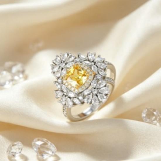 European and American Luxury Heart-shaped Yellow Diamond Open Ring for Women Double-layer Horse-eye Diamond Snowflake Ring with Colorful Gemstones