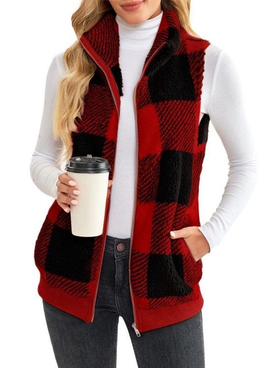 Γυναικείο Βαμβακερό Γιλέκο Καρό με Όρθιο Κολάρο και Φερμουάρ 2025 - Συλλογή Φθινόπωρο/Χειμώνας