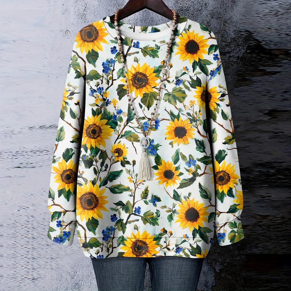 Women's Floral Print Round Neck Long Sleeved T-shirt Sweatshirt Top