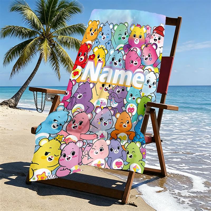 Custom Name Personalized Care Bears Print Beach Towel, for Trip Camping Beach Party Home Decor, Birthday Gift for Family & Friends