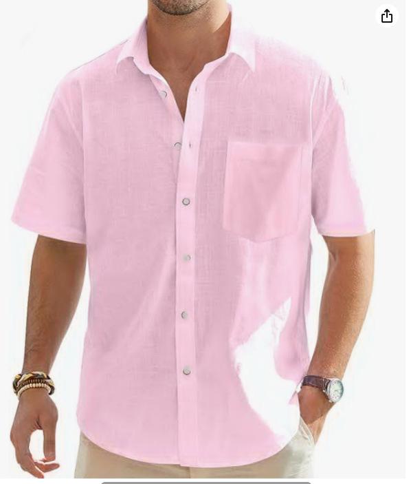 

New Men s Cotton and Linen Short Sleeve Shirt Casual Button Shirt Beach Summer Top Strap S розовый