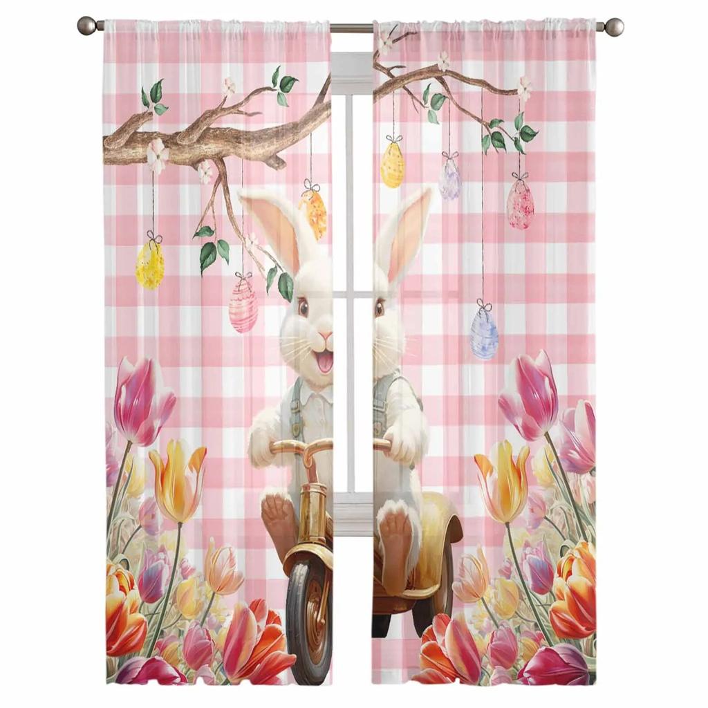 Easter Bunny Tulip Branch Eggs Plaid Tulle Curtains For Living Room Sheer Curtain For Bedroom Kitchen Blinds Voile Curtains